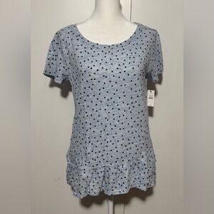 Talbots Blue Short-sleeved shirt with black polka dots and a ruffled hem. Size S